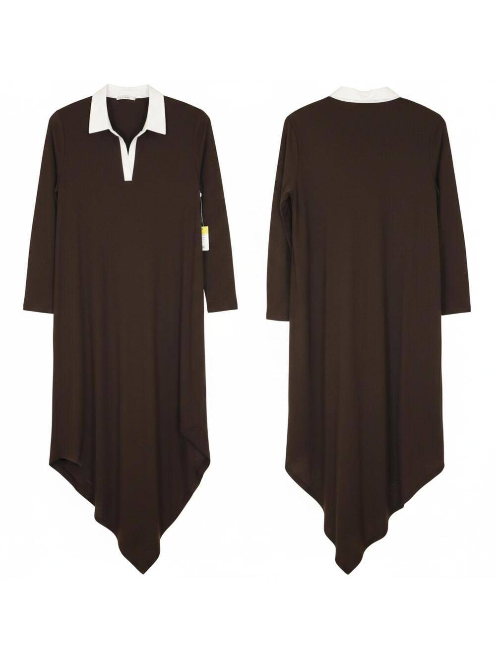 Kona Sol Long Sleeve Midi Dress‎ White Collar Handkerchief Hem Casual Chic
